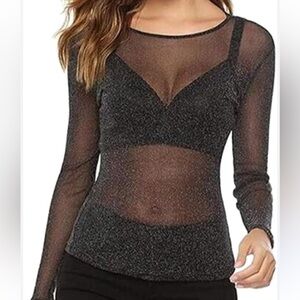 Victoria's Secret Sheer and Shiny Long Sleeves Black Blouse Size M